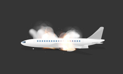 The plane is on fire. Airplane crash concept. Side view. Realistic style. Vector illustration.