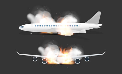 Burning Airplanes Set. Airplane crash concept. Side and front view. Realistic style. Vector illustration.