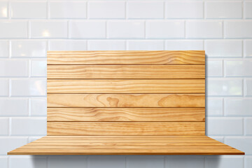 Empty single wood plank shelf and Wooden scene at white ceramic tile wall pattern background. Mock up for display or montage of product or design.