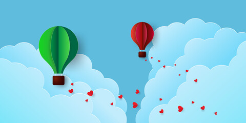 Obraz premium Heart balloons in the sky. Valentine's day balloons in a heart shaped and Heart float on the sky. Vector EPS 10.