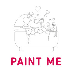 Dogsitter shampoos a large dog while sitting in the tub with a cat.