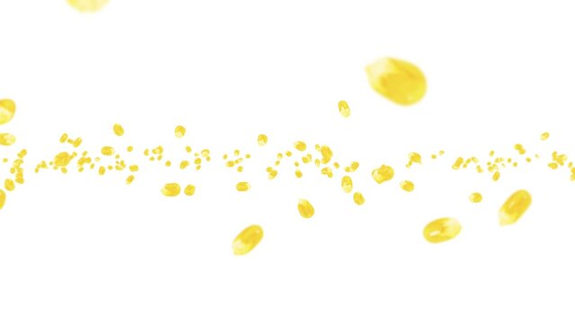 Flying many corn grains on white background. Yellow sweet corn seeds. Vegetarian. Healthy food. 3D loop animation of corn rotating.