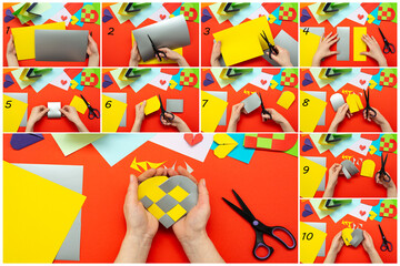 DIY instruction. Step by step guide. The process of making a paper heart from yellow and gray colored paper for Valentine's Day