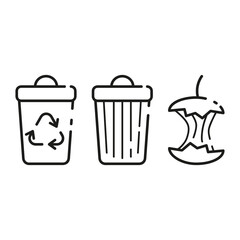 Regular trashcan and a container for recyclable waste. Apple core. Leftover food. Thin line icons for web, applications and design. Minimalistic flat style. Set.