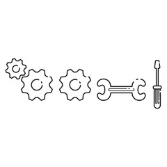 Mechanical gears for machinery. Wrench and screwdriver. Tools for fixing broken things. Thin line icons for web, applications and design. Minimalistic flat style. Set.