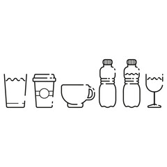 Take away alcoholic and non-alcoholic, cold and hot drinks. Water in a glass, coffee and tea in a mug, wine. Empty and full plastic water bottle. Thin line icons. Minimalistic flat style. Set.