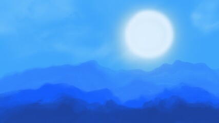 Landscape painting. Blue mountains with full moon