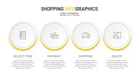 Concept of shopping process with 4 successive steps. Four colorful graphic elements. Timeline design for brochure, presentation, web site. Infographic design layout.