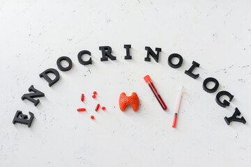 Word ENDOCRINOLOGY, blood sample, syringe and pills on white background