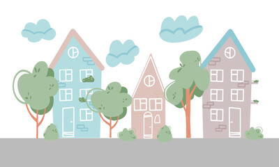 Obraz na płótnie Canvas Cozy houses and plants. Urban architecture in flat cartoon style. Illustration design template isolated on white background.