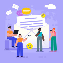 Mobile messenger app, send or receive message, email. Group of people stand near big letter, use gadgets. Modern vector illustration