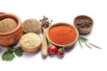 Different spices and herbs on white background