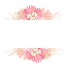 Watercolor floral wedding vector frame. Pampas grass, orchid flowers, dry palm leaves border template