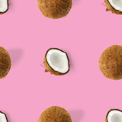 coconut Seamless pattern. Tropical abstract background with isolated Coconut on pink background. flat lay.