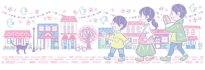 春の桜の街並み　買い物に歩く家族