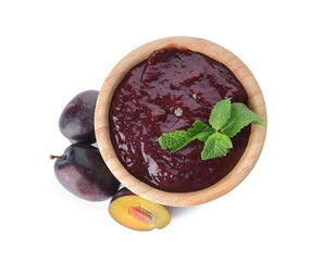 Bowl with delicious homemade plum jam on white background