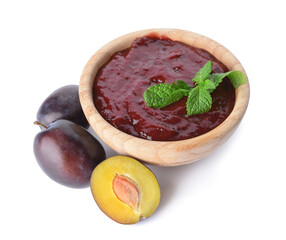 Bowl with delicious homemade plum jam on white background