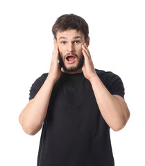 Portrait of surprised man on white background