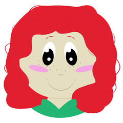 redhead girl with curly long hair and freckles in a green sweatshirt, child s face and head in flat style