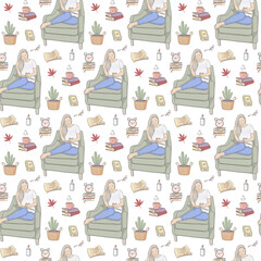 Seamless pattern hand drawn woman reading a book