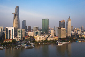 Naklejka premium classic Saigon or Ho Chi Minh City Skyline, Vietnam view at morning Golden hour with iconic buildings and riverfront.