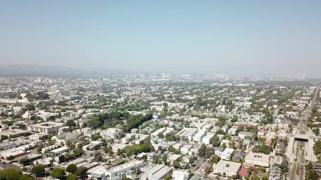Los Angeles downtown drone view above California skyline urban city landscape