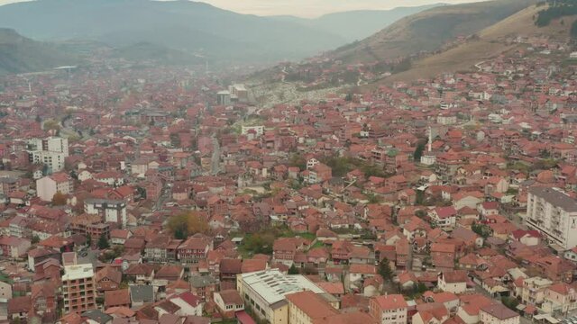Red Roofed Houses And Buildings In The City Of Novi Pazar, Raska District Of Serbia. - aerial