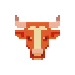 Cow head pixel art icon, isolated vector illustration. 8-bit sprite. Design for stickers, logo farm, mobile app. 