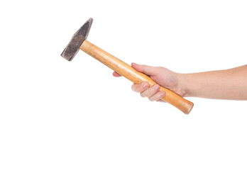 Man holds a hammer in his hand on a white background, isolate. Close-up