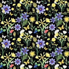Seamless pattern with flowers on black. Botanical background of watercolor plants, butterfly, berries. Organic backdrop for textile, wrapping paper, packaging. Summer meadow herbs.