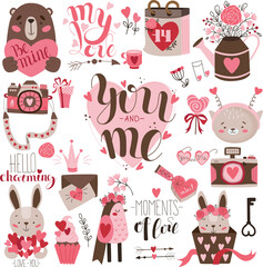 Valentine's Day Holiday Clipart Set. Lettering, bird, bear cub, camera, hare and other decorative elements for design. Vector illustration for valentine's day in flat trendy style 