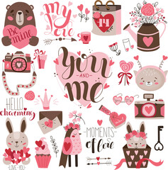 Valentine's Day Holiday Clipart Set. Lettering, bird, bear cub, camera, hare and other decorative elements for design. Vector illustration for valentine's day in flat trendy style  © Катерина Сопко
