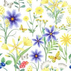 Seamless pattern with flowers. Botanical background of watercolor plants, butterfly, berries. Organic backdrop for textile, wrapping paper, packaging. Summer meadow herbs.