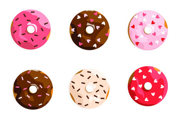 A set of donuts in pink glaze and chocolate with colorful sprinkles. Dessert
