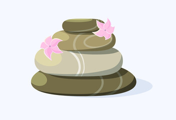 Spa massage stones with pink flowers on a blue background