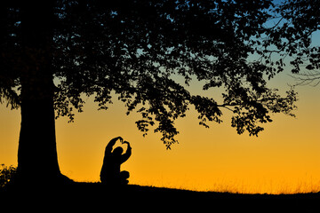 Silhouette of woman raising hands in form of a heart, under a tree, at sunset