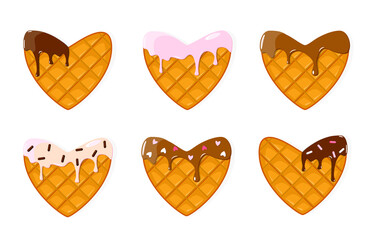 A set of heart-shaped waffles in pink icing and chocolate. Dessert