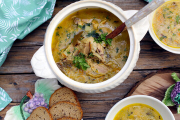 sopa de picles com frango e cogumelos, vista de cima. 