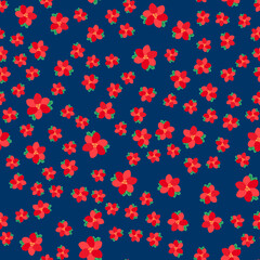 Fototapeta na wymiar Small seamless pattern. Leaves, small flowers on a dark background. Blue background.