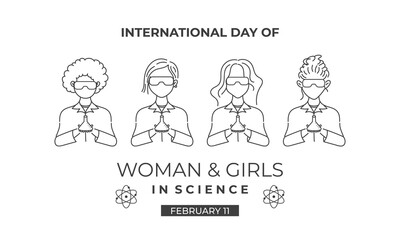 International Day of women and girls in science. Editable banner design with scientist illustration. The outline drawing style of scientist. Usable for banner, card, and background. Flat design vector