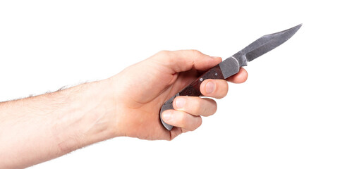 Sharp metal pocket knife in hand