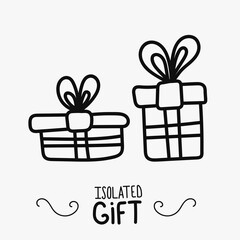 Hand drawn vector gift boxes icons with bows in doodle style. Flat linear black gift in isolation on white background for xmas, birthday and celebration. Present box sketch for decoration