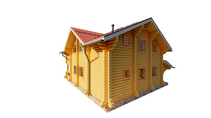 wooden house, cottage, villa, tiny house, made of logs. Picture on a white isolated background. Проект дома из оцилиндрованного бревна