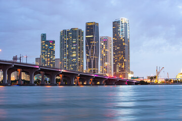Florida Miami night city skyline. USA downtown skyscrappers landscape, twighlight town.