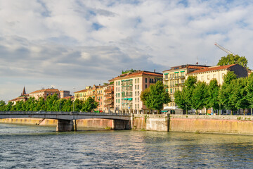 View of waterfront of the Adige River, Verona, Italy
