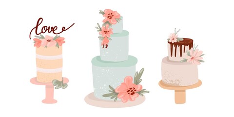 Wedding cake. Hand drawn festive cakes in pastel colors with cream and chocolate decorated with flowers, contemporary birthday delicious confectionery collection, modern vector isolated set