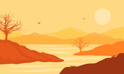 Very nice scenery trees and mountains at twillight in the river bank. Vector illustration