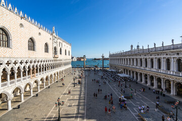 View of St. Mark's Square from the Basilica: on the right, the Doge's Palace (Palazzo Ducale), on the left the Marciana Library (Biblioteca Marciana), Venice, Italy