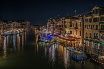 Night view of the Grand Canal seen from Rialto Bridge, Venice, Italy