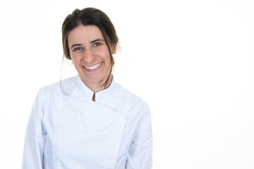 Confident chef young woman portrait aside copy space white background